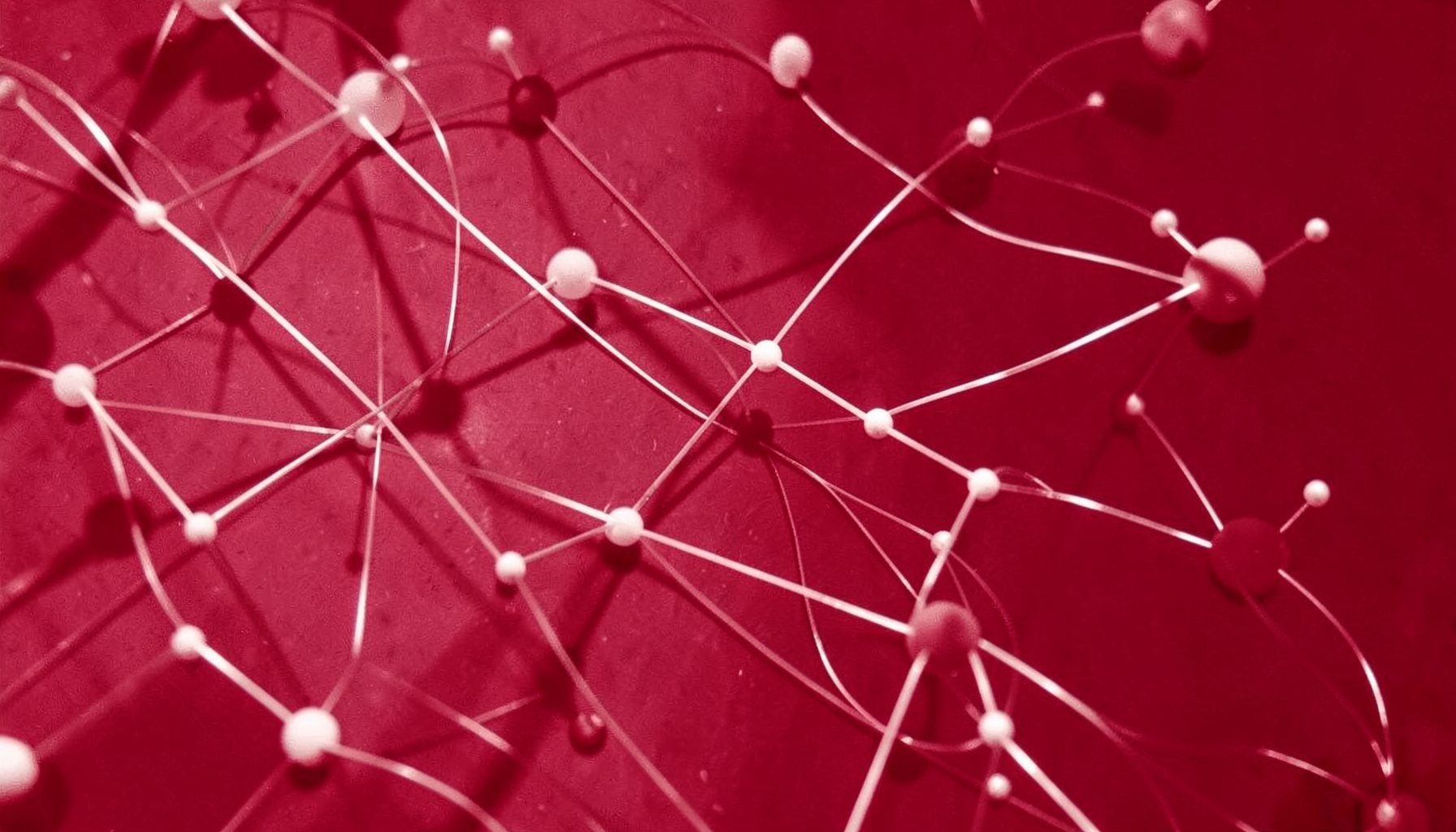 Hard two-tone photograph in maroon and off-white showing abstract network nodes and connection paths