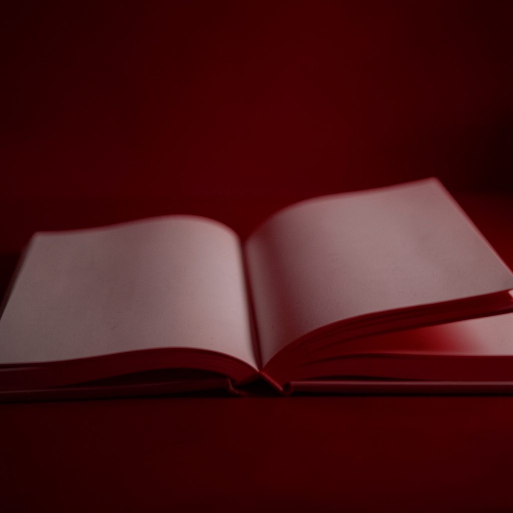 Atmospheric duotone image in deep brick red and warm grey showing an open notebook with soft light