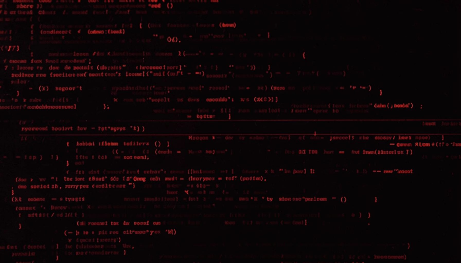 Duotone image in brick red and charcoal tones showing abstract code lines on a dark background